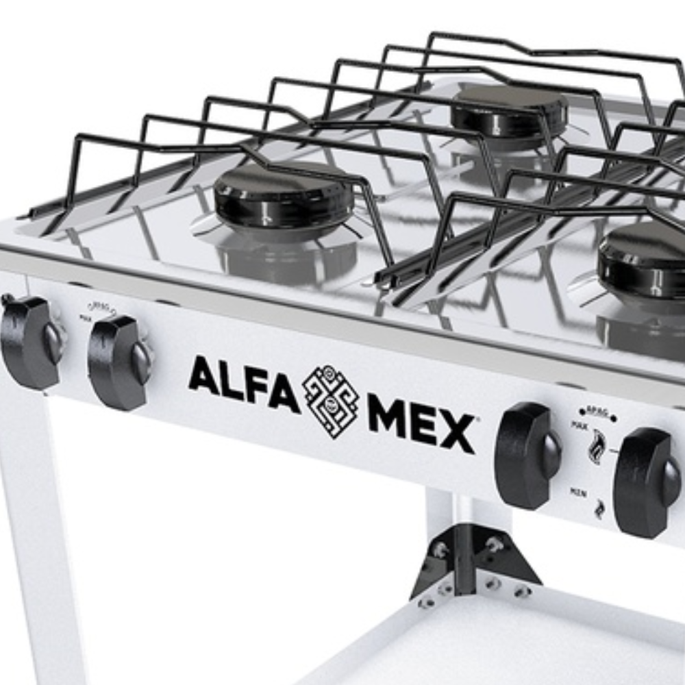 Parrilla de gas 4 quemadores con estante blanco armable con cubierta de acero inoxidable AlfaMex