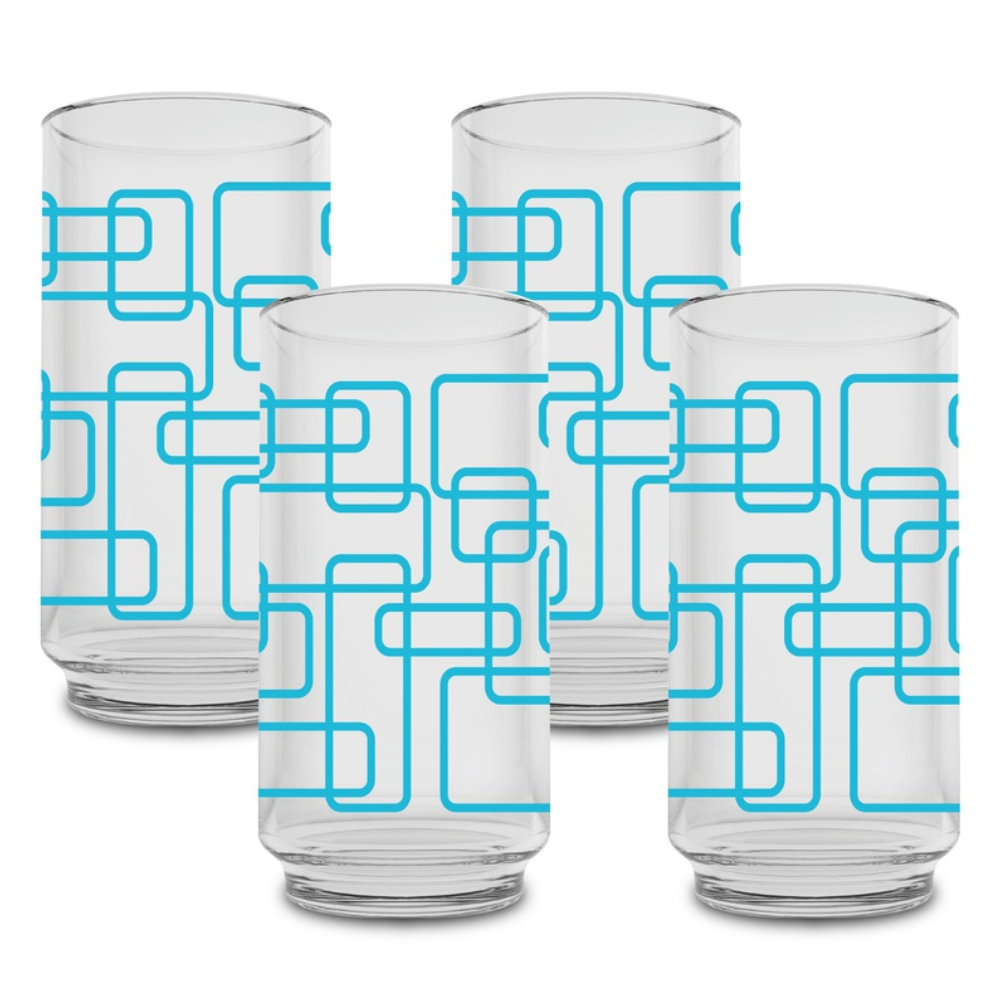 Juego de 4 vasos 16 onzas (473 ml) con decorado de  Entrecuadros azul @