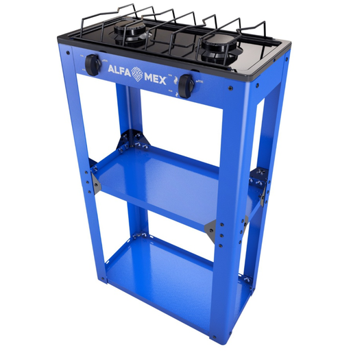 Parrilla de gas 2 quemadores con estante azul armable esmaltado AlfaMex