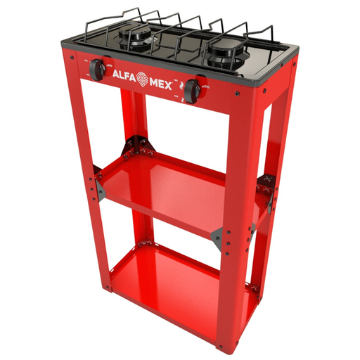 Parrilla de gas 2 quemadores con estante rojo armable cubierta esmaltada AlfaMex