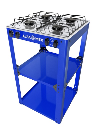 Parrilla de gas 4 quemadores con estante azul armable con cubierta de acero inoxidable AlfaMex