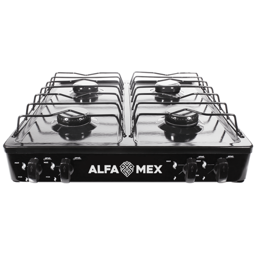 Parrilla de gas 4 quemadores con cubierta porcelanizada negra AlfaMex